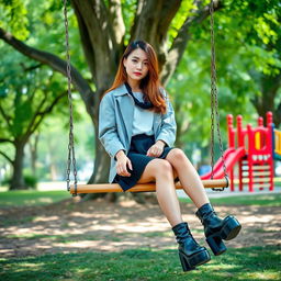 A realistic image of a young woman sitting on a swing in a vibrant park, wearing a light gray jacket over a white shirt, paired with a black skirt and stylish black platform boots