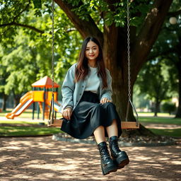 A realistic image of a young woman sitting on a swing in a vibrant park, wearing a light gray jacket over a white shirt, paired with a black skirt and stylish black platform boots