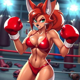 A dynamic scene featuring Carmelita Fox, a character known for her sleek and agile appearance, wearing a vibrant red bikini