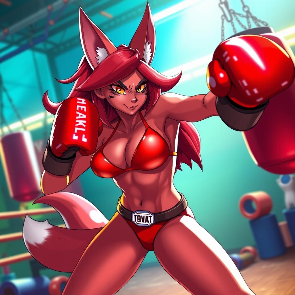 A dynamic scene featuring Carmelita Fox, a character known for her sleek and agile appearance, wearing a vibrant red bikini