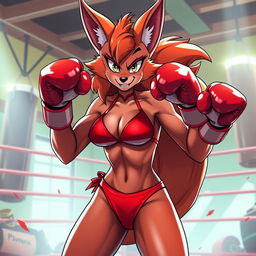 A dynamic scene featuring Carmelita Fox, a character known for her sleek and agile appearance, wearing a vibrant red bikini
