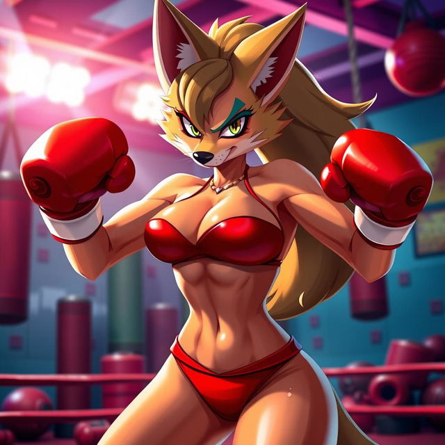 A dynamic scene featuring Carmelita Fox, a character known for her sleek and agile appearance, wearing a vibrant red bikini