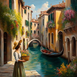 A Studio Ghibli-inspired oil painting of a picturesque Venetian landscape with a canal, gondola, historic buildings, and a young girl holding a basket of wildflowers