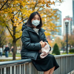 A realistic image of a young woman sitting on a metal railing in a bustling urban park, dressed in a black puffy winter jacket, a black skirt, and wearing a white mask