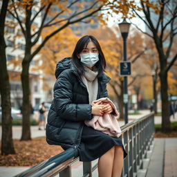 A realistic image of a young woman sitting on a metal railing in a bustling urban park, dressed in a black puffy winter jacket, a black skirt, and wearing a white mask