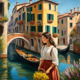 A Studio Ghibli-inspired oil painting of a picturesque Venetian landscape with a canal, gondola, historic buildings, and a young girl holding a basket of wildflowers