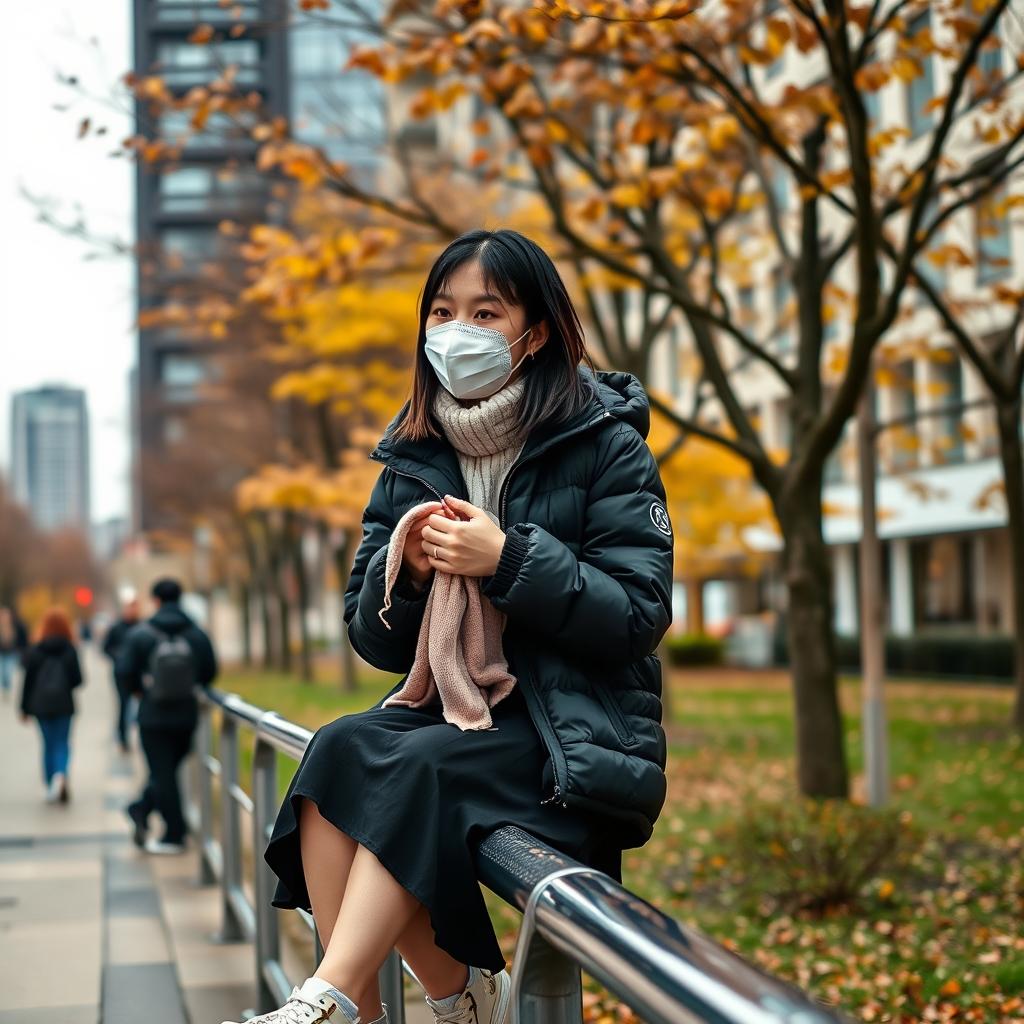 A realistic image of a young woman sitting on a metal railing in a bustling urban park, dressed in a black puffy winter jacket, a black skirt, and wearing a white mask