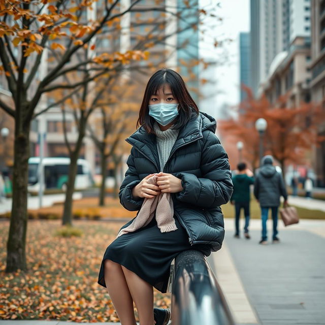 A realistic image of a young woman sitting on a metal railing in a bustling urban park, dressed in a black puffy winter jacket, a black skirt, and wearing a white mask