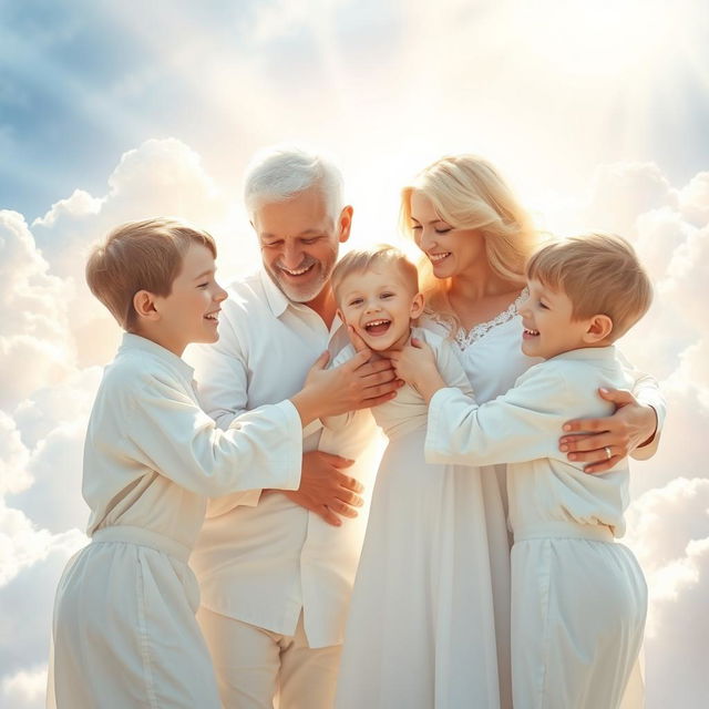 A touching scene in a heavenly setting, depicting a joyful reunion between a white husband, a white wife, and their three white sons