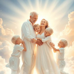 A touching scene in a heavenly setting, depicting a joyful reunion between a white husband, a white wife, and their three white sons