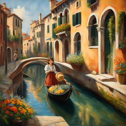 A Studio Ghibli-inspired oil painting of a picturesque Venetian landscape with a canal, gondola, historic buildings, and a young girl holding a basket of wildflowers