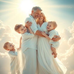 A touching scene in a heavenly setting, depicting a joyful reunion between a white husband, a white wife, and their three white sons