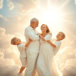 A touching scene in a heavenly setting, depicting a joyful reunion between a white husband, a white wife, and their three white sons