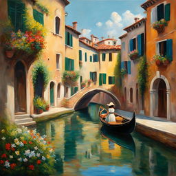 A Studio Ghibli-inspired oil painting of a picturesque Venetian landscape with a canal, gondola, historic buildings, and a young girl holding a basket of wildflowers