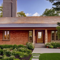 Exterior of a single floor house featuring a charming front yard, a cosy porch, earthy red brick walls, and a gabled roof with dormer windows.