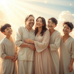 A heartwarming scene in a heavenly setting where a white-skinned husband with brunette hair joyfully reunites with his oriental brunette-haired wife and their three teenage sons, all with dark brunette hair