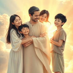 A heartwarming scene in a heavenly setting where a white-skinned husband with brunette hair joyfully reunites with his oriental brunette-haired wife and their three teenage sons, all with dark brunette hair