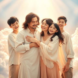 A heartwarming scene in a heavenly setting where a white-skinned husband with brunette hair joyfully reunites with his oriental brunette-haired wife and their three teenage sons, all with dark brunette hair