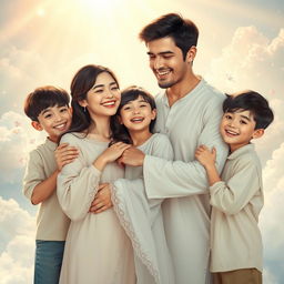 A heartwarming scene in a heavenly setting where a white-skinned husband with brunette hair joyfully reunites with his oriental brunette-haired wife and their three teenage sons, all with dark brunette hair
