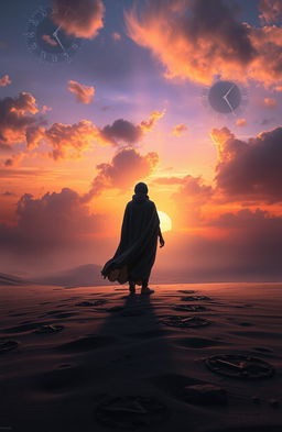 A solitary figure standing with their back to the viewer, gazing out into a vast expanse that represents the concept of time