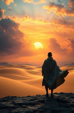 A solitary figure standing with their back to the viewer, gazing out into a vast expanse that represents the concept of time