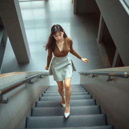 A young Japanese woman ascending a set of stairs, wearing a stylish miniskirt that highlights her movement