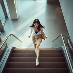 A young Japanese woman ascending a set of stairs, wearing a stylish miniskirt that highlights her movement