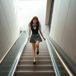 A young Japanese woman ascending a set of stairs, wearing a stylish miniskirt that highlights her movement