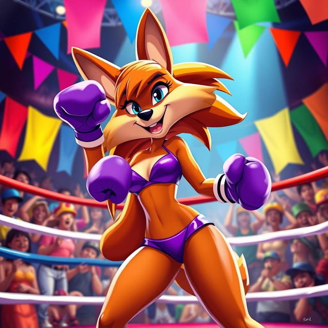 A vibrant and dynamic scene featuring Tawna Bandicoot, a cartoon character known for her adventurous spirit, playfully in a boxing ring