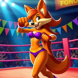 A vibrant and dynamic scene featuring Tawna Bandicoot, a cartoon character known for her adventurous spirit, playfully in a boxing ring