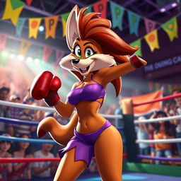 A vibrant and dynamic scene featuring Tawna Bandicoot, a cartoon character known for her adventurous spirit, playfully in a boxing ring