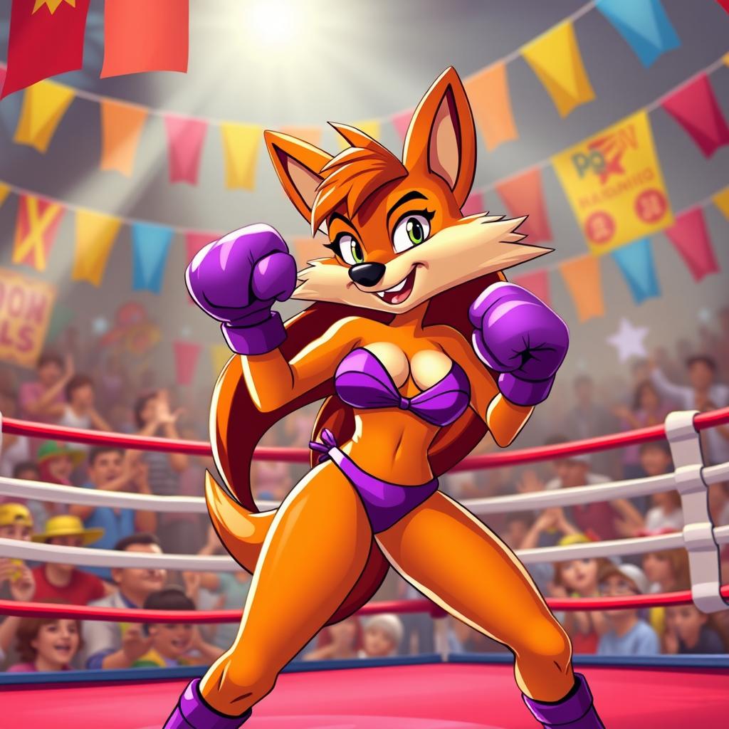 A vibrant and dynamic scene featuring Tawna Bandicoot, a cartoon character known for her adventurous spirit, playfully in a boxing ring