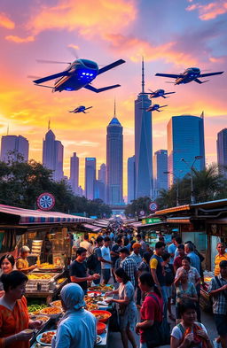 A futuristic city skyline during sunset, with neon lights reflecting on the glass surfaces of skyscrapers