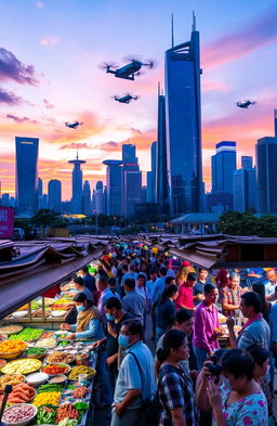 A futuristic city skyline during sunset, with neon lights reflecting on the glass surfaces of skyscrapers
