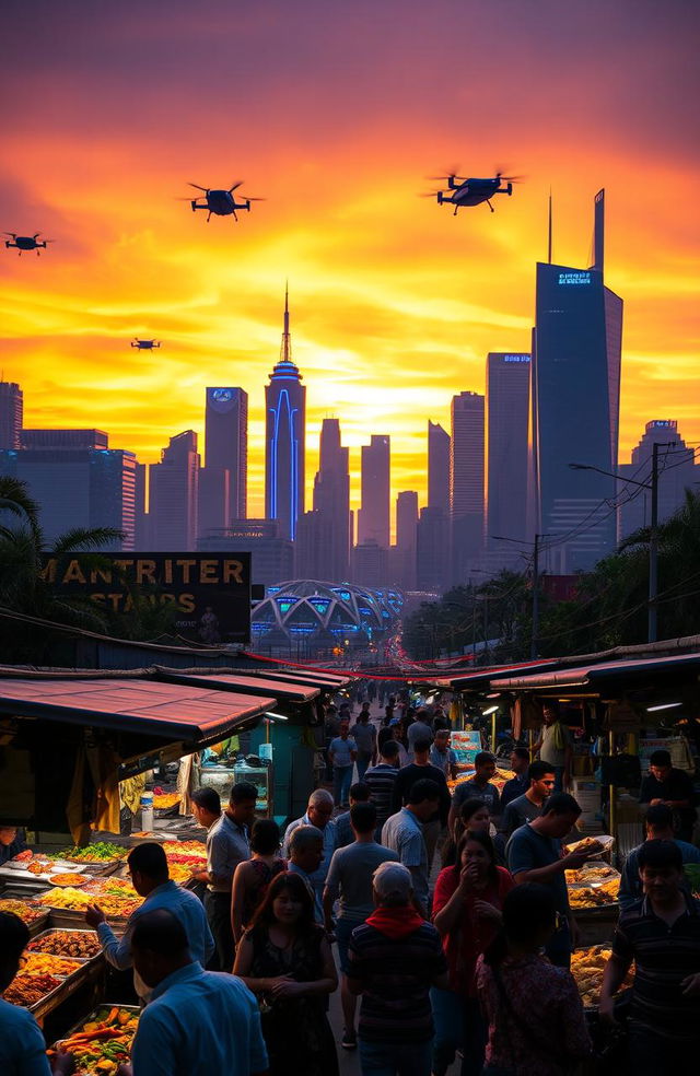 A futuristic city skyline during sunset, with neon lights reflecting on the glass surfaces of skyscrapers