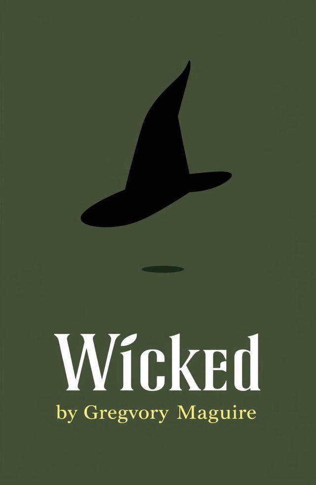 A minimalist book cover design for 'Wicked' by Gregory Maguire featuring a muted, dark green background to symbolize the Wicked Witch's iconic color