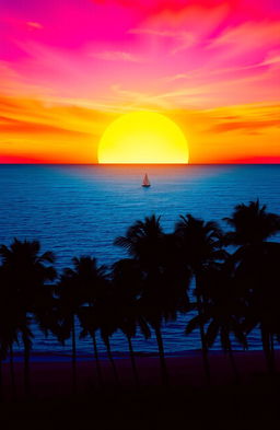 A radiant sunset over a tranquil ocean, with vibrant orange and pink hues blending seamlessly into deep blue waters