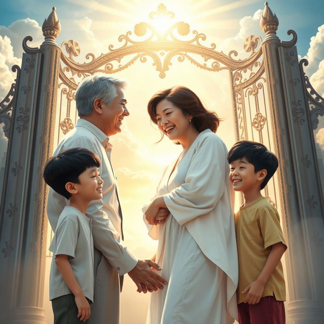 A heartwarming scene at the gates of heaven, depicting a joyful reunion between a 60-year-old white husband with salt-and-pepper brunette hair and his oriental brunette-haired wife