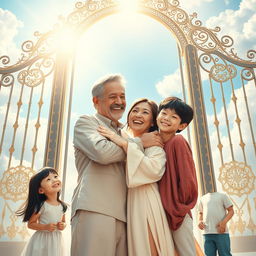 A heartwarming scene at the gates of heaven, depicting a joyful reunion between a 60-year-old white husband with salt-and-pepper brunette hair and his oriental brunette-haired wife