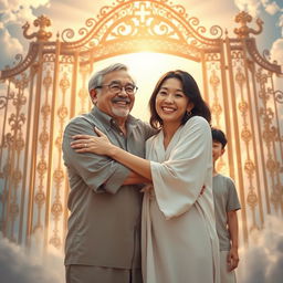 A heartwarming scene at the gates of heaven, depicting a joyful reunion between a 60-year-old white husband with salt-and-pepper brunette hair and his oriental brunette-haired wife