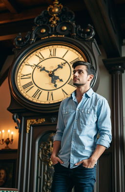 A tall, slender man standing in front of a large, ornate clock