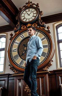 A tall, slender man standing in front of a large, ornate clock