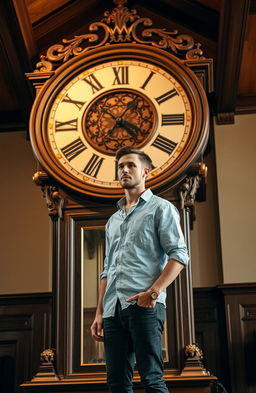 A tall, slender man standing in front of a large, ornate clock