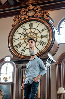 A tall, slender man standing in front of a large, ornate clock
