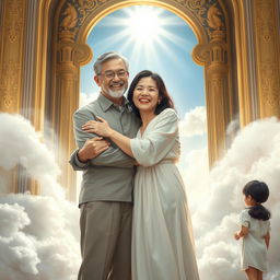 A touching scene at the gates of heaven, showcasing a joyful reunion between a 60-year-old white husband with brunette hair and his 43-year-old oriental brunette-haired wife