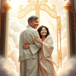 A touching scene at the gates of heaven, showcasing a joyful reunion between a 60-year-old white husband with brunette hair and his 43-year-old oriental brunette-haired wife