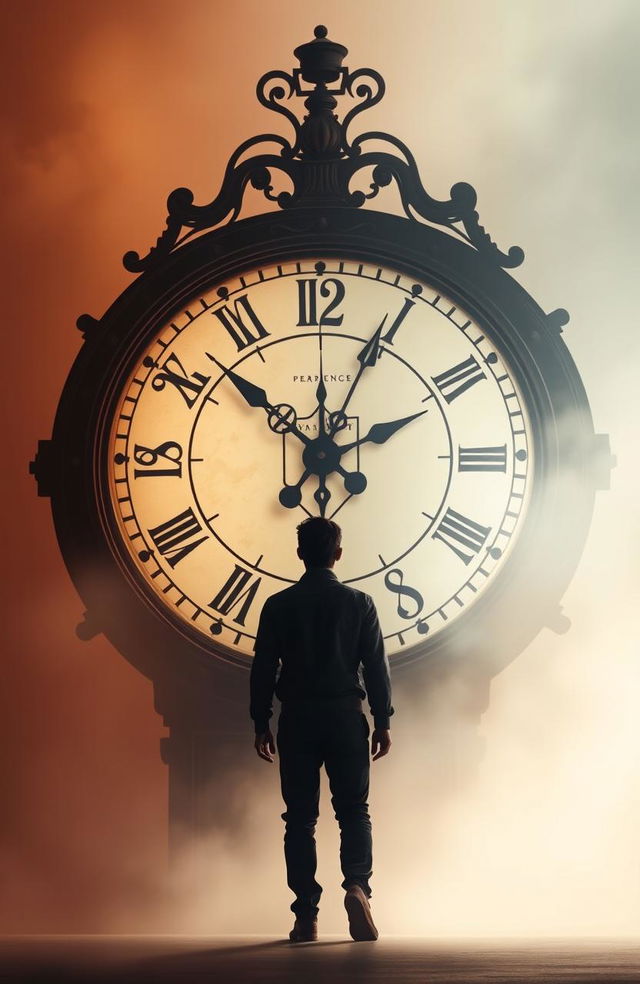 A figure standing in front of a large clock that represents the concept of time, with half of the clock symbolizing the present and the other half representing the past