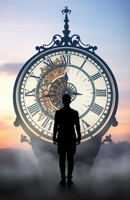 A figure standing in front of a large clock that represents the concept of time, with half of the clock symbolizing the present and the other half representing the past