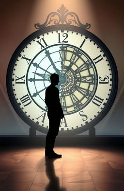 A figure standing in front of a large clock that represents the concept of time, with half of the clock symbolizing the present and the other half representing the past
