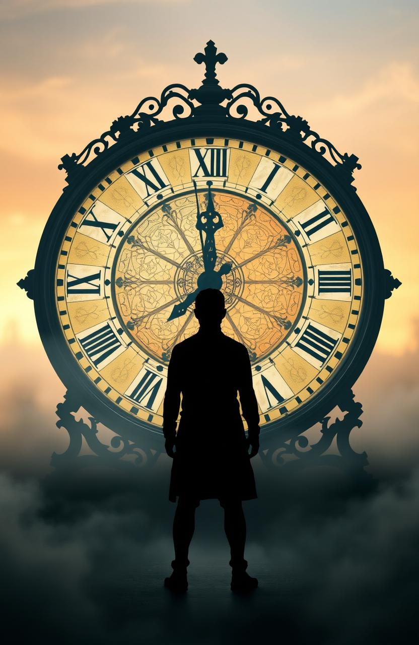 A figure standing in front of a large clock that represents the concept of time, with half of the clock symbolizing the present and the other half representing the past